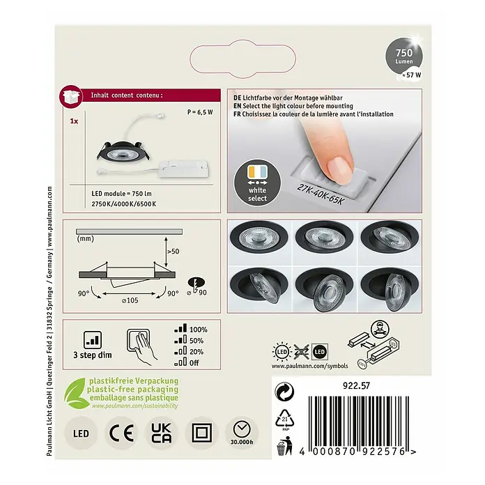 Paulmann LED-Einbauspot - Warmweiß, Durchmesser: 10,5 cm, Schwarz, 1 Stk. - Produktverpackung für eine Paulmann LED-Leuchte mit Farbwahl und Dimmfunktion.