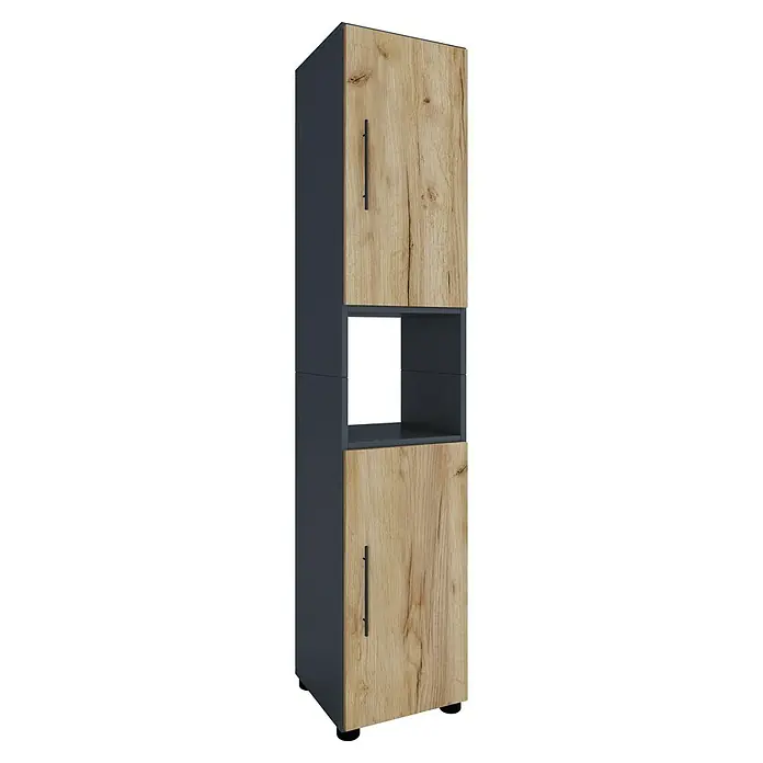 VCM Flandu Hochschrank - B x T x H: 31 x 30 x 160 cm, Anthrazit/Honig-Eiche, Matt - Ein modernes Holzschrank mit einem offenen Fach in der Mitte, ideal für stilvolle Aufbewahrungslösungen in jedem Raum.