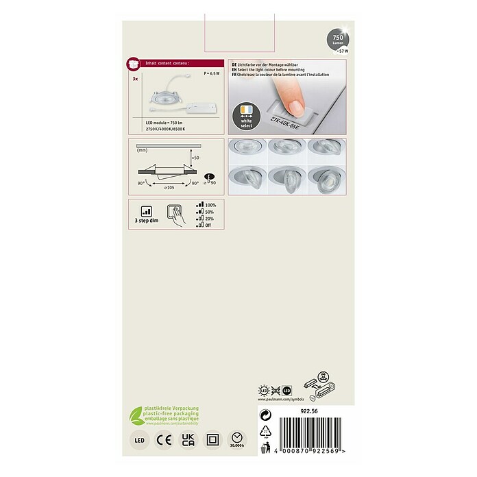 Paulmann LED-Einbauspot (Warmweiß, Durchmesser: 10,5 cm, Chrom matt, 3 Stk.) | BAUHAUS