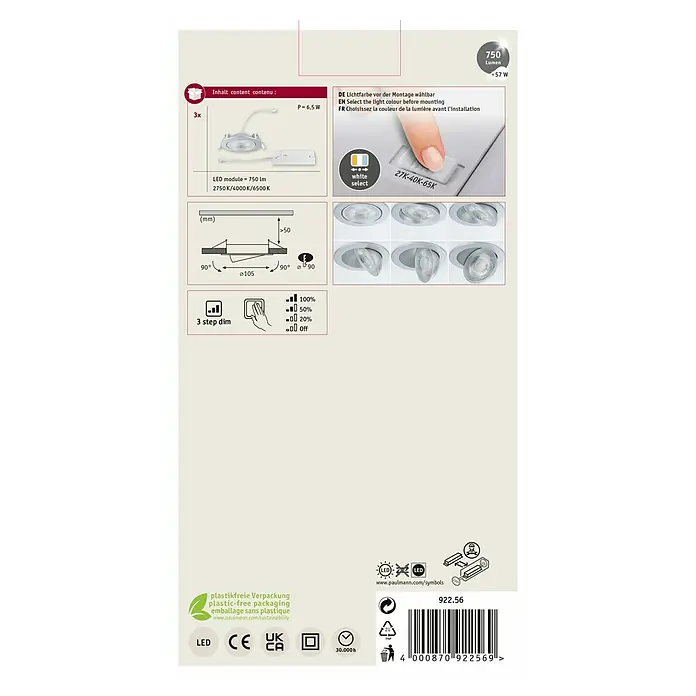 Paulmann LED-Einbauspot - Warmweiß, Durchmesser: 10,5 cm, Chrom matt, 3 Stk. - Abbildung der Produkteigenschaften der Paulmann LED-Module mit Farbauswahl und Dimmstufen, inklusive Verpackungshinweisen.