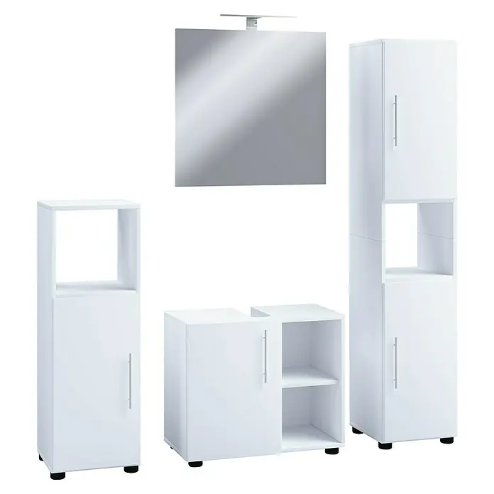 VCM Flandu III Badmöbel-Set - Gesamtbreite Badmöbel: 122 cm, Weiß, Matt, 4 -tlg. - Aufnahme von Badezimmermöbeln in Weiß, einschließlich Waschtisch, Hochschrank und Spiegelschrank für ein modernes Bad-Design.