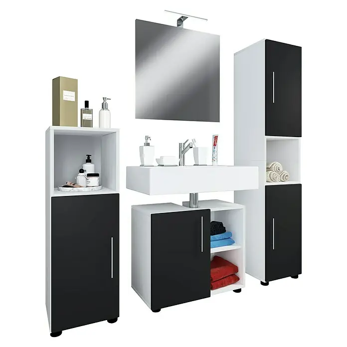 VCM Flandu III Badmöbel-Set - Gesamtbreite Badmöbel: 122 cm, Weiß/Schwarz, Matt, 4 -tlg. - Elegantes Badezimmerset in Schwarz und Weiß. Modernes Design mit praktischen Stauraumlösungen und stilvollem Spiegel.