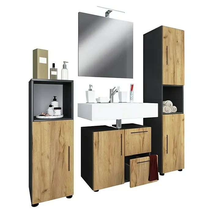 VCM Flandu Badmöbel-Set - Mit Spiegel, Gesamtbreite Badmöbel: 123 cm, Matt, 4 -tlg., Anthrazit/Honig-Eiche - Ein Badezimmer-Waschtisch mit Spiegel, Schränken und Ablageflächen, perfekt für stilvolle Badezimmerorganisation.