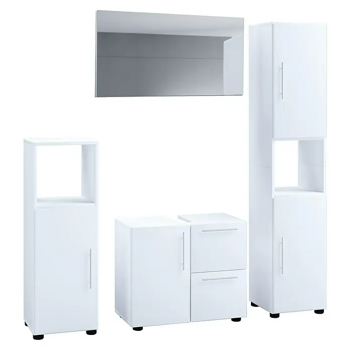 VCM Flandu Badmöbel-Set - Mit Spiegel, Gesamtbreite Badmöbel: 123 cm, Matt, 4 -tlg., Weiß - Modernes weißes Küchenmöbel-Set mit Hochschrank, Unterschränken und Hängeschrank für eine stilvolle Kücheneinrichtung.