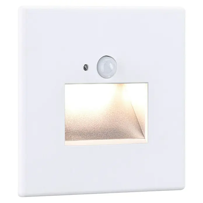 Paulmann LED-Wandstrahler - 2,2 W, L x B x H: 4,2 x 8 x 8 cm, Weiß, Warmweiß - Nahaufnahme einer weißen LED-Wandleuchte mit Bewegungssensor und modernem, rechteckigem Design für den Innenbereich.