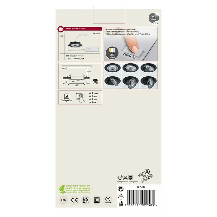 Paulmann LED-Einbauspot - Warmweiß, Durchmesser: 10,5 cm, Schwarz, 3 Stk. - Bild einer Produktverpackung für LED-Einbaustrahler mit technischen Details und Symbolen.