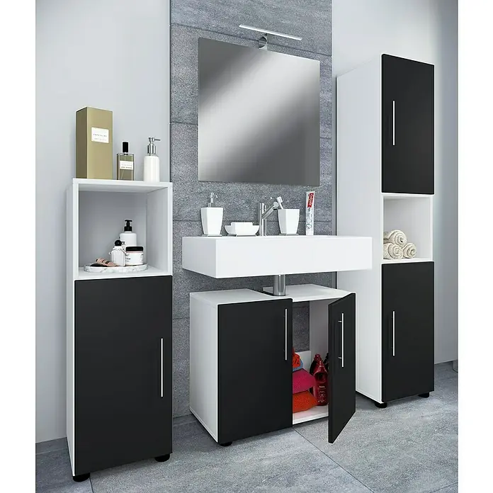 VCM Flandu II Badmöbel-Set - Gesamtbreite Badmöbel: 122 cm, Weiß/Schwarz, Matt, 4 -tlg. - Badezimmermöbel-Set in Schwarz und Weiß mit Spiegel, Waschbeckenunterschrank und Hochschrank für ein stilvolles Badezimmerambiente.