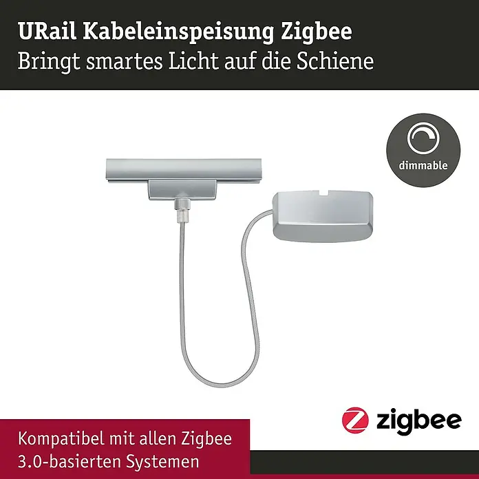 Paulmann URail Stromeinspeisung - 100 cm, 100 W, Chrom matt, Inkl. Endkappe - Abbildung einer URail Kabeleinspeisung Zigbee, die intelligentes Licht auf die Schiene bringt und mit Zigbee 3.0-Systemen kompatibel ist.
