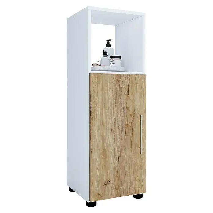 VCM Flandu Midischrank - B x T x H: 31 x 32 x 93 cm, Weiß/Honig-Eiche, Matt - Badezimmerschrank in Weiß und Holzoptik mit einem offenen Fach oben und einer Schranktür unten mit Griff.