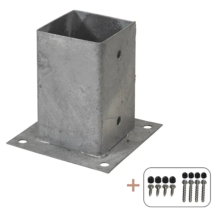 Plus Aufschraubhülse für Pfosten 9 cm - L x B x H: 15 x 15 x 15 cm, Silber - Metallpfostenanker mit Schrauben und Dübeln für eine sichere Befestigung von Holzpfosten auf verschiedenen Untergründen.