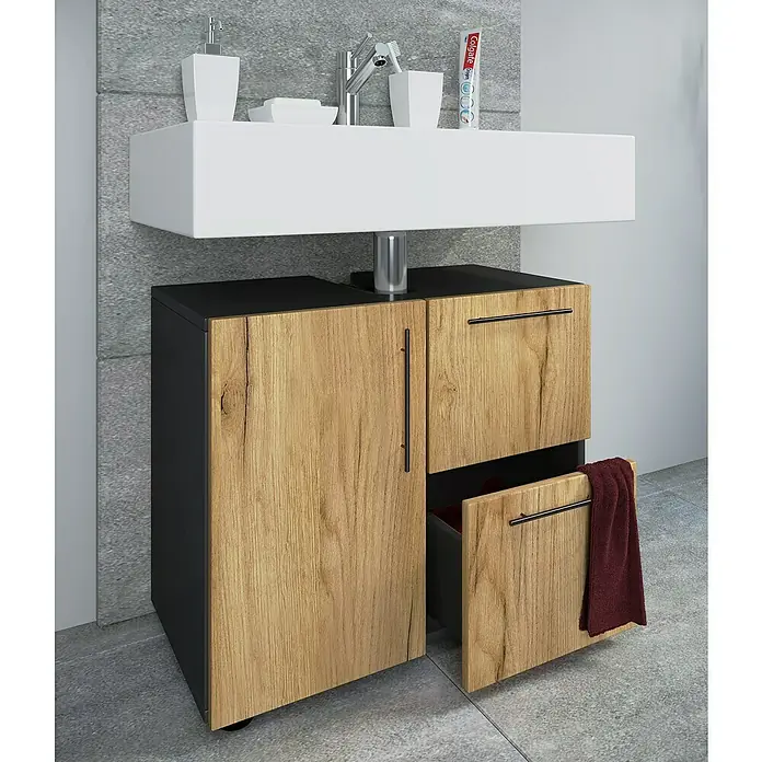 VCM Flandu Waschtischunterschrank - B x T x H: 61 x 32 x 51 cm, Anthrazit/Honig-Eiche, Matt - Modernes Badezimmer mit einem stilvollen Waschbeckenunterschrank in Holzoptik und dunklen Akzenten. Praktische Aufbewahrungslösung.