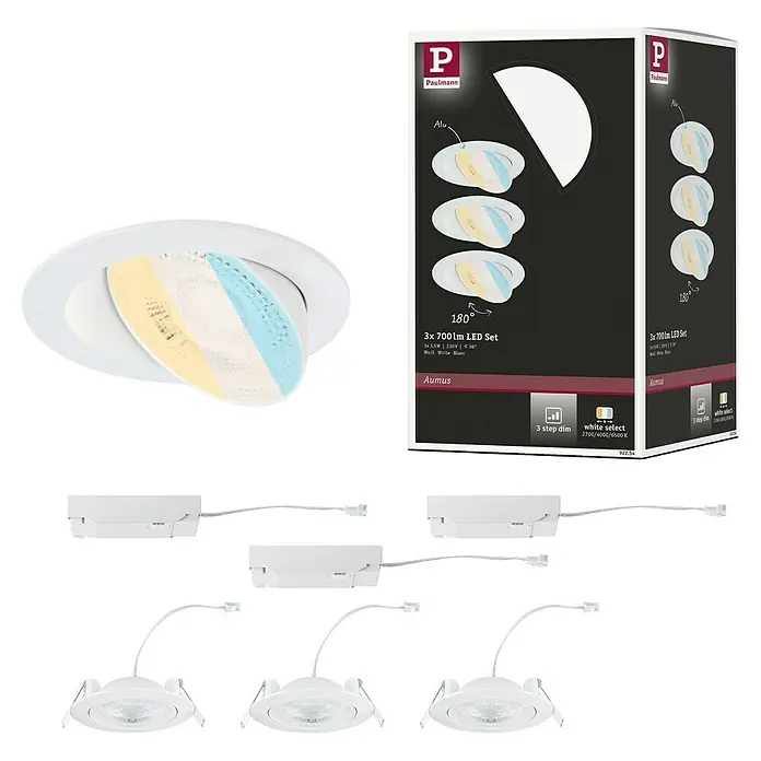 Paulmann LED-Einbauspot - Warmweiß, Durchmesser: 10,5 cm, Weiß, 3 Stk. - Abbildung eines Paulmann Aumus 3er LED-Einbaustrahler-Sets mit verschiedenen Lichtfarben und Verpackung.