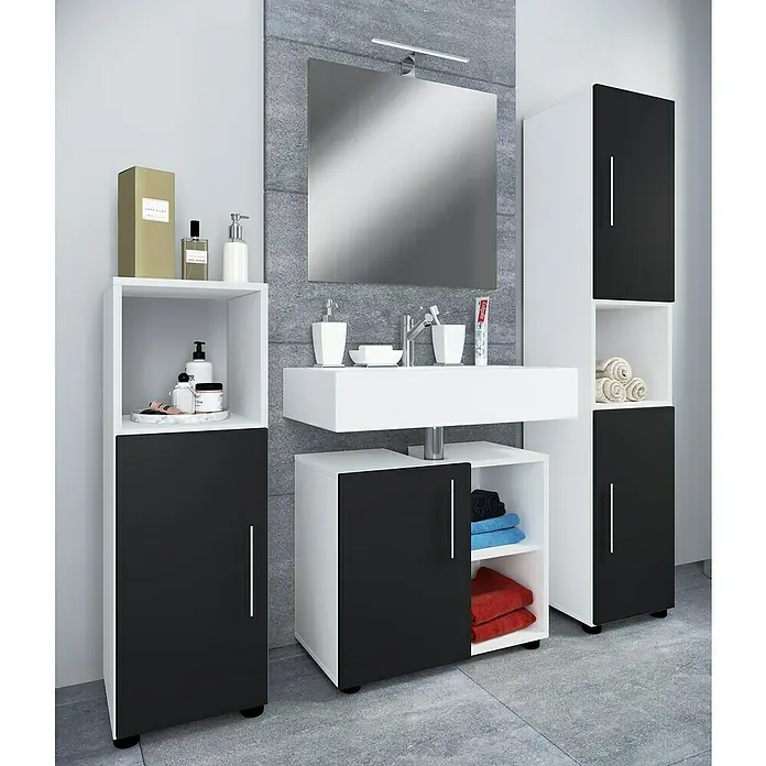 VCM Flandu III Badmöbel-Set - Gesamtbreite Badmöbel: 122 cm, Weiß/Schwarz, Matt, 4 -tlg. - Moderne Badezimmereinrichtung mit weißen und schwarzen Schränken, Waschtisch mit Spiegel und stilvollen Badaccessoires.