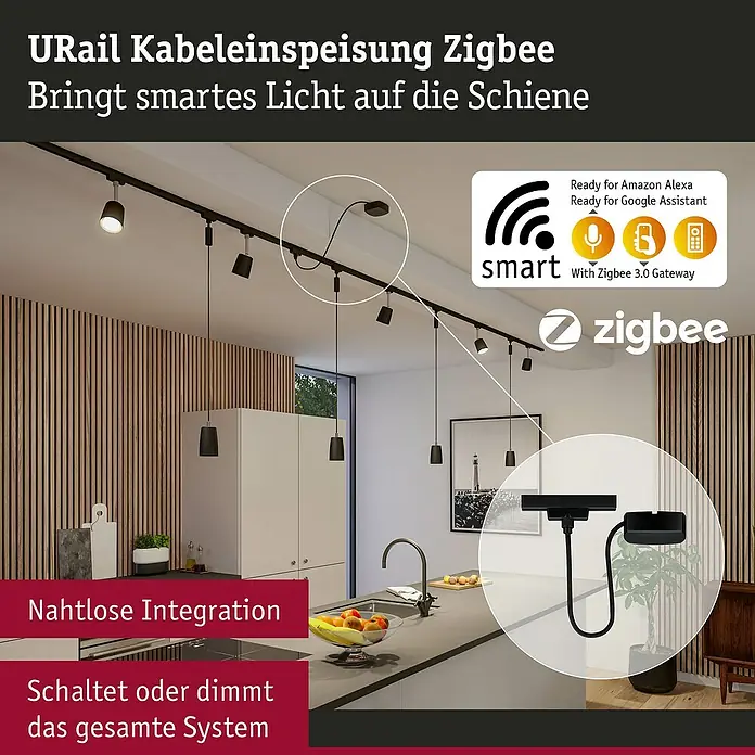 Paulmann URail Stromeinspeisung - 100 cm, 100 W, Schwarz matt, Inkl. Endkappe - Produktabbildung der URail Kabeleinspeisung Zigbee. Elegante Beleuchtungslösung für Ihr Zuhause, kompatibel mit Smart Home Systemen.