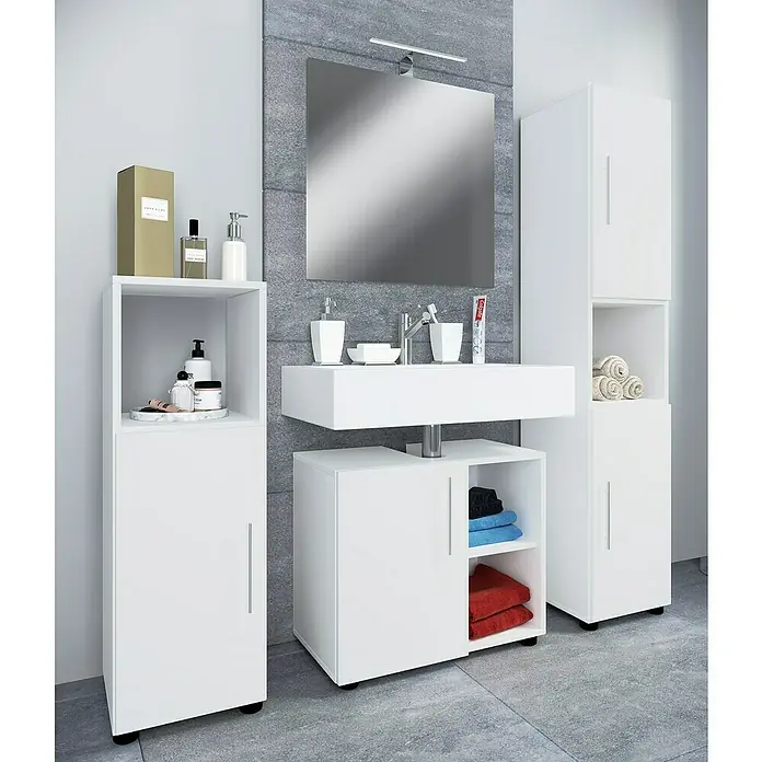 VCM Flandu III Badmöbel-Set - Gesamtbreite Badmöbel: 122 cm, Weiß, Matt, 4 -tlg. - Badezimmer-Interieur mit weißen Möbeln: Waschbeckenunterschrank, Hochschrank und Regal. Modernes und stilvolles Design für Ihr Badezimmer.