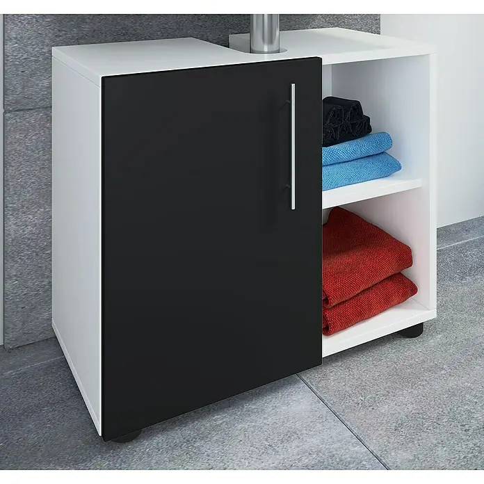 VCM Flandu III Waschtischunterschrank - B x T x H: 60,2 x 29,6 x 50,7 cm, Weiß/Schwarz, Matt - Ein moderner Badezimmerschrank in Weiß und Schwarz mit Handtüchern auf offenen Regalen. Ideal zur Aufbewahrung von Badutensilien.