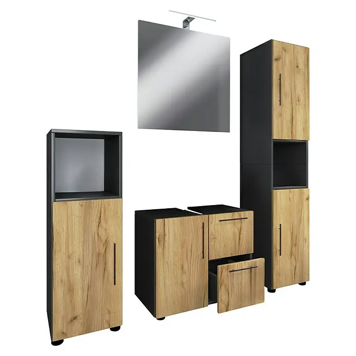 VCM Flandu Badmöbel-Set - Mit Spiegel, Gesamtbreite Badmöbel: 123 cm, Matt, 4 -tlg., Anthrazit/Honig-Eiche - Badezimmermöbel-Set mit Spiegel, Hochschrank und Waschtischunterschrank in Holzoptik und Anthrazit.