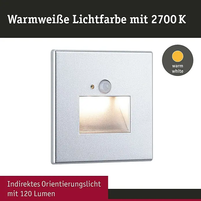 Paulmann LED-Wandstrahler - 2,2 W, L x B x H: 4,2 x 8 x 8 cm, Chrom matt, Warmweiß - Bild einer silbernen LED-Orientierungsleuchte mit warmweißem Licht und Bewegungsmelder.