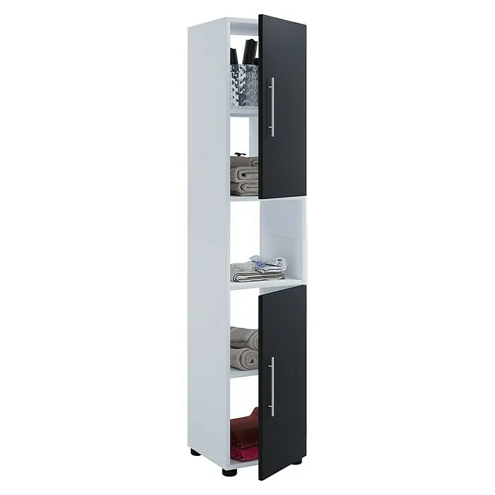 VCM Flandu Hochschrank - B x T x H: 31 x 30 x 160 cm, Weiß/Schwarz, Matt - Aufnahme eines Badezimmerschranks in Weiß und Anthrazit mit Handtüchern und Badutensilien in den Regalen.