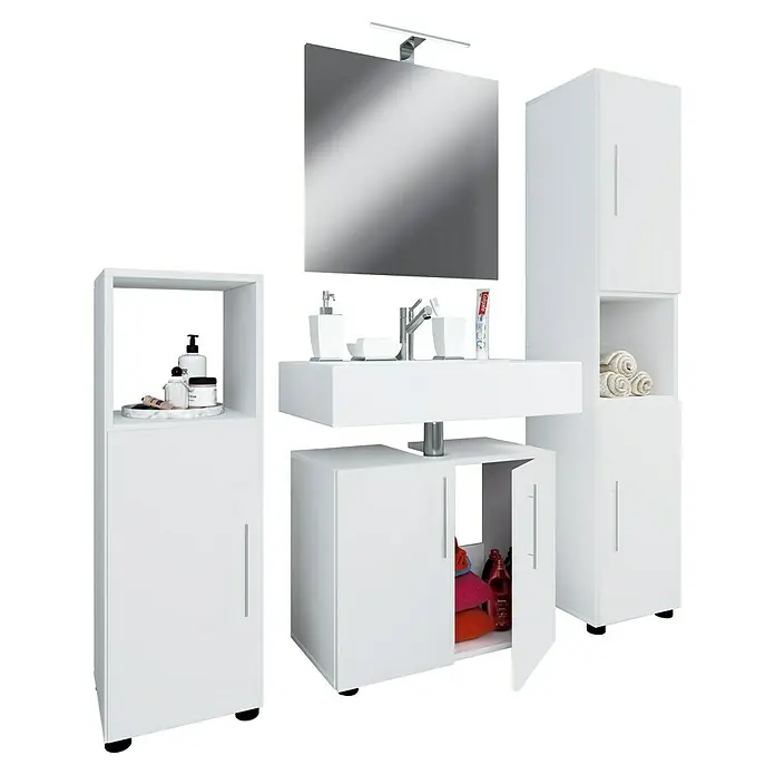 VCM Flandu II Badmöbel-Set - Gesamtbreite Badmöbel: 122 cm, Weiß, Matt, 4 -tlg. - Das moderne Badezimmerset mit Waschbecken, Spiegel und Stauraumschränken in Weiß bietet viel Platz und ein stilvolles Design.