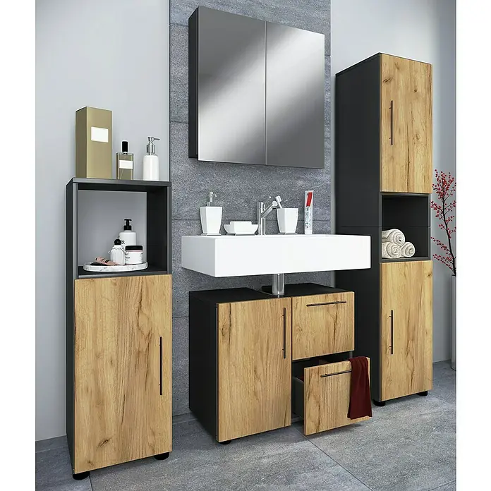 VCM Flandu Badmöbel-Set - Mit Spiegelschrank, Gesamtbreite Badmöbel: 123 cm, Anthrazit/Honig-Eiche, Matt, 4 -tlg. - Badezimmer mit modernem Waschtischunterschrank und Spiegelschrank in Holzoptik und Anthrazit. Viel Stauraum für Badutensilien.