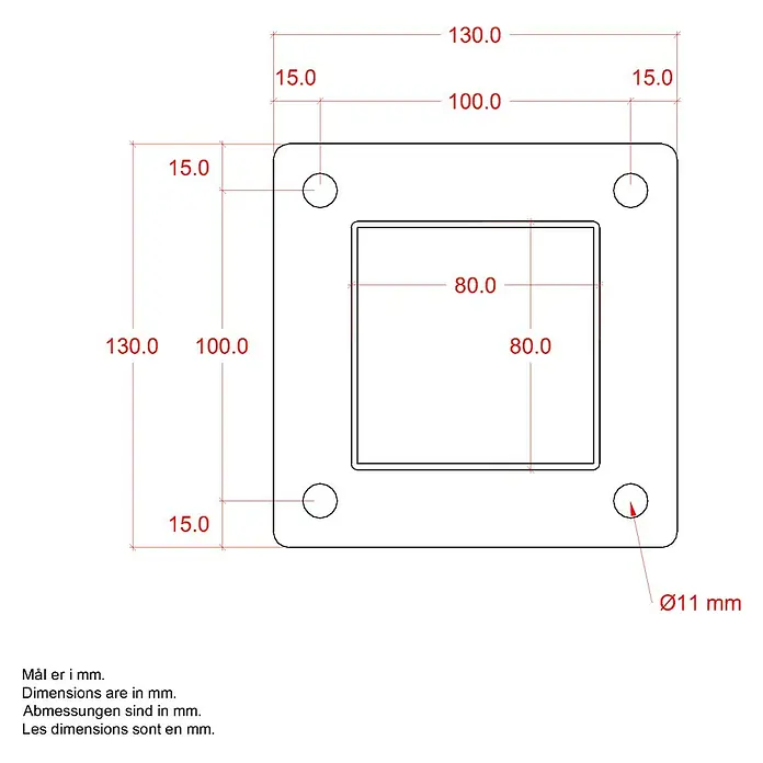 Plus Zaunpfosten mit Fuß und Schrauben-Set - Höhe: 132 cm, 8 x 8 cm, Silber, Stahl - Technische Zeichnung einer quadratischen Montageplatte mit zentraler Öffnung und Bohrungen an den Ecken.