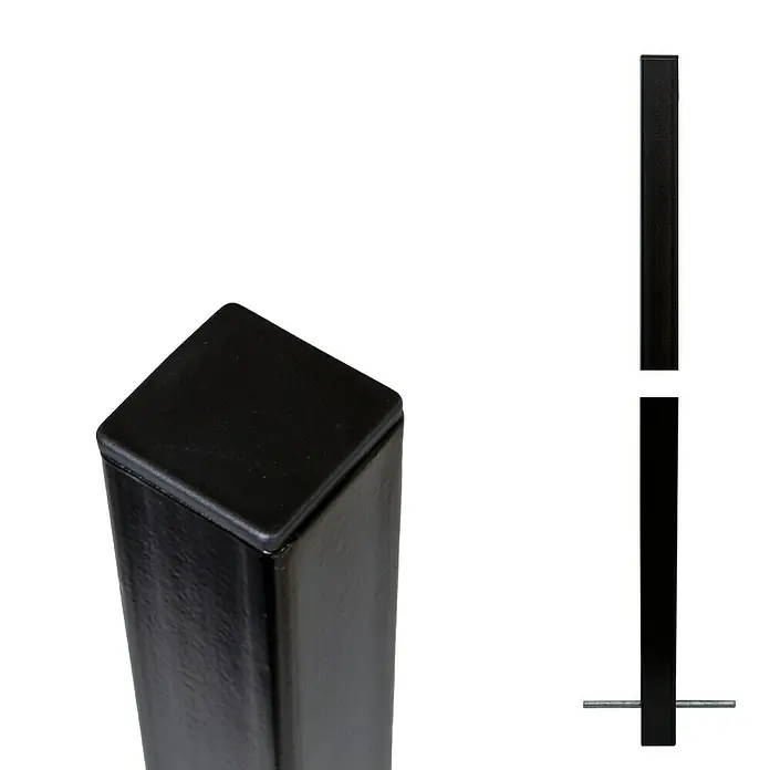 Plus Basic Zaunpfosten zum Einbetonieren - Höhe: 186 cm, 4,5 x 4,5 cm, Schwarz, Stahl - Detailansicht eines schwarzen Vierkantrohrs mit Endkappe, das Stabilität und ein sauberes Finish für Möbel oder Konstruktionen bietet.