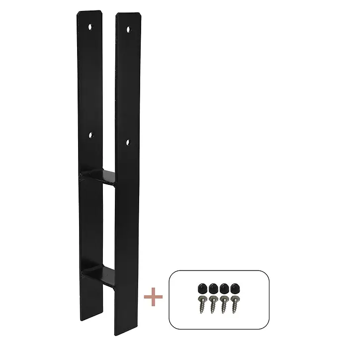 Plus H-Pfostenanker für Pfosten 9 cm - L x B x H: 6 x 9,1 x 60 cm, Pulverbeschichtet, Schwarz (RAL 9005) - Produktdarstellung eines Zaunpfostenträgers aus Stahl mit Zubehör, ideal für sichere und stabile Zaunmontage im Außenbereich.