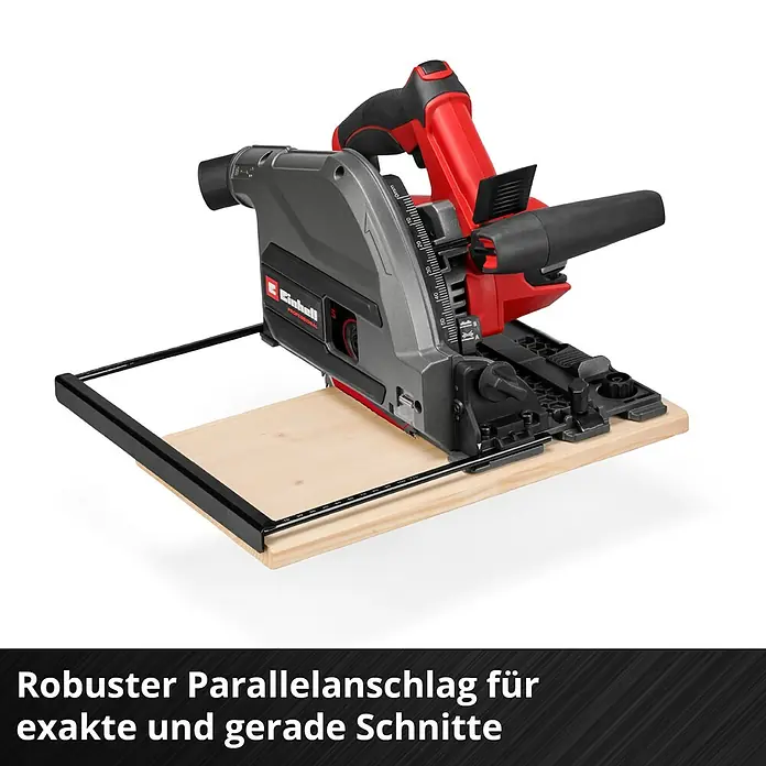 Einhell Professional Power X-Change 18V Akku-Tauchsäge TP-PS 18/165 LI BL-Solo - 18 V, Leerlaufdrehzahl: 5.000 U/min - Rote und graue Tauchsäge mit schwarzem Parallelanschlag schneidet präzise eine Holzplatte.