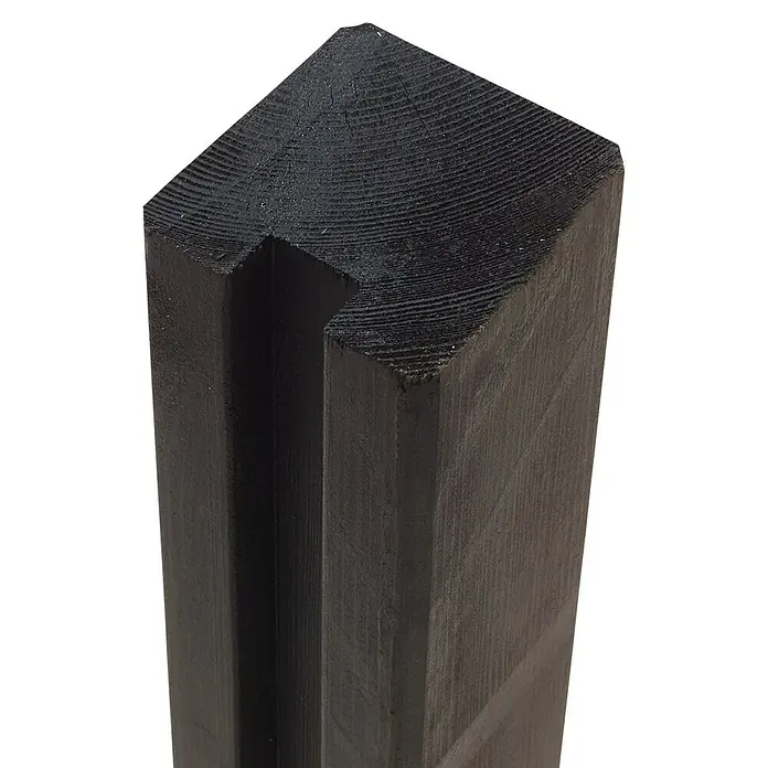 Plus Holzpfosten 1 Nuten - L x B x H: 188 x 9 x 9 cm, Kiefer, Schwarz RAL 9005 - Nahaufnahme eines geschwärzten Holzpfostens mit Nut für einen stilvollen und modernen Zaun. Perfekt für den Außenbereich geeignet.
