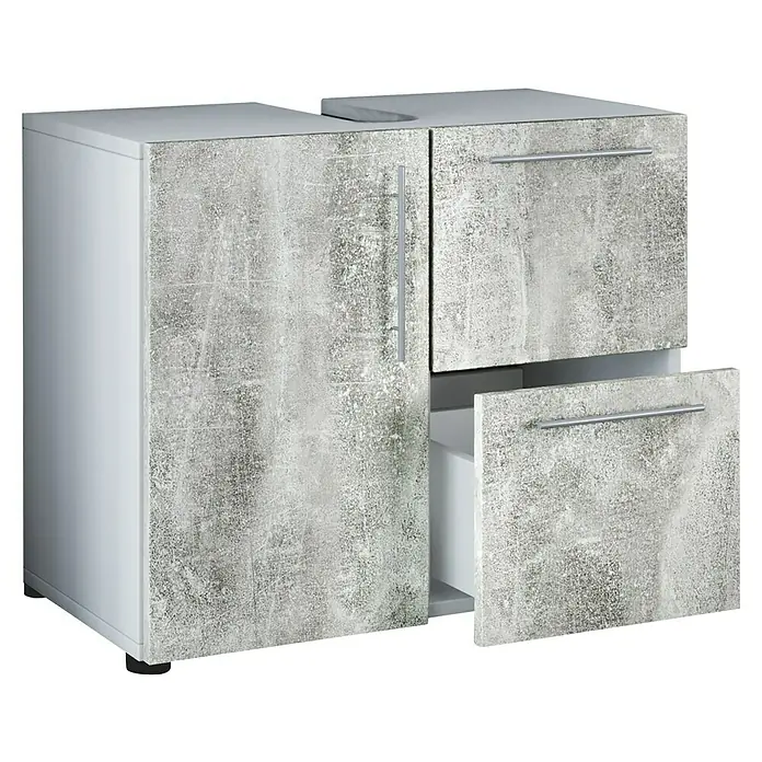 VCM Flandu Waschtischunterschrank - B x T x H: 61 x 32 x 51 cm, Weiß/Beton-Optik, Matt - Modernes Waschbeckenunterschrank-Design mit grauer Betonoptik und silbernen Griffen für ein stilvolles Badezimmer.
