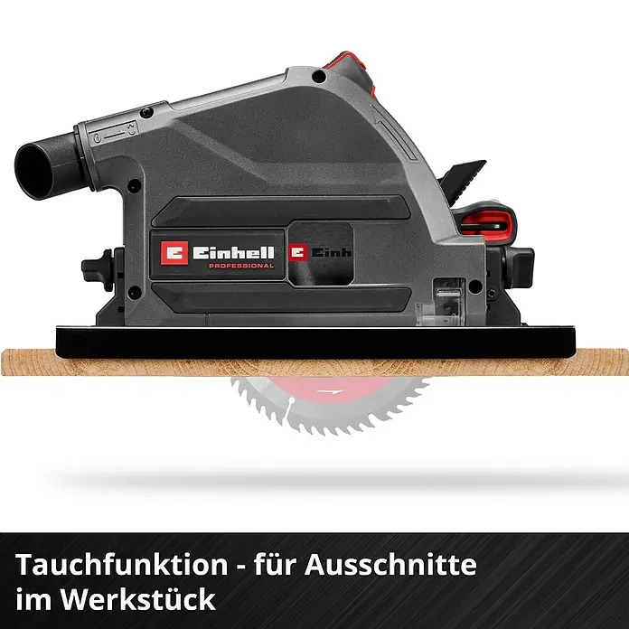 Einhell Professional Power X-Change 18V Akku-Tauchsäge TP-PS 18/165 LI BL-Solo - 18 V, Leerlaufdrehzahl: 5.000 U/min - Graue Tauchsäge mit roten Akzenten und schwarzer Basis, sägt in ein Holzbrett.
