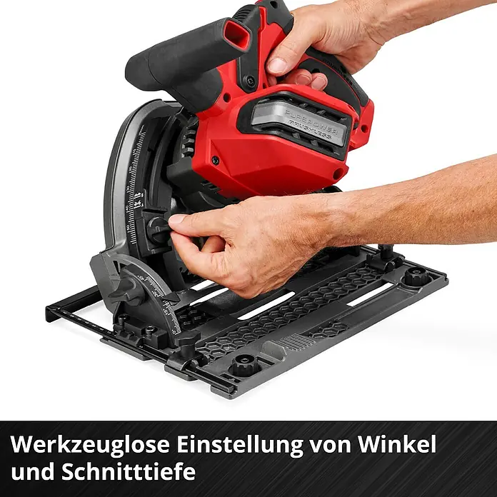Einhell Professional Power X-Change 18V Akku-Tauchsäge TP-PS 18/165 LI BL-Solo - 18 V, Leerlaufdrehzahl: 5.000 U/min - Hände stellen eine rot-schwarze Kreissäge ein, zeigen werkzeuglose Winkel- und Schnitttiefenverstellung.