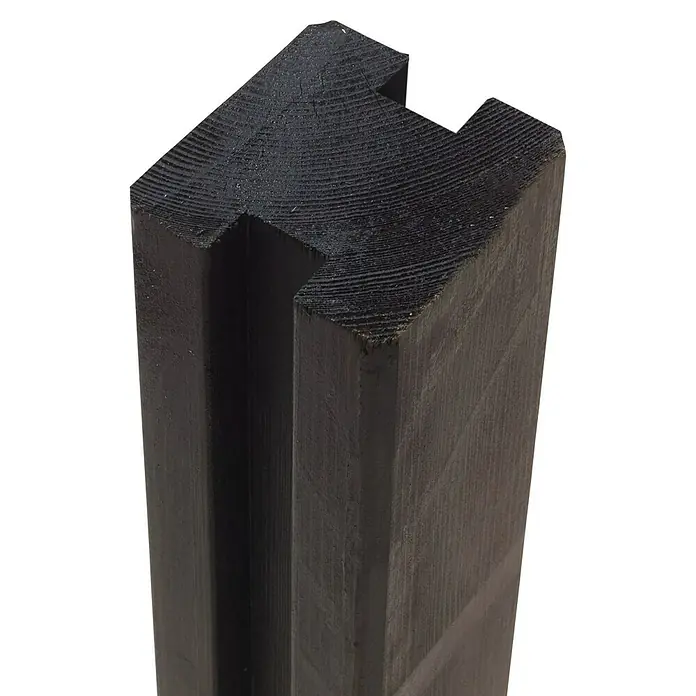 Plus Holzpfosten 2 Nuten - L x B x H: 268 x 9 x 9 cm, Kiefer, Schwarz RAL 9005 - Dunkelbrauner, genuteter Holzpfosten, möglicherweise für Zäune oder den Bau.