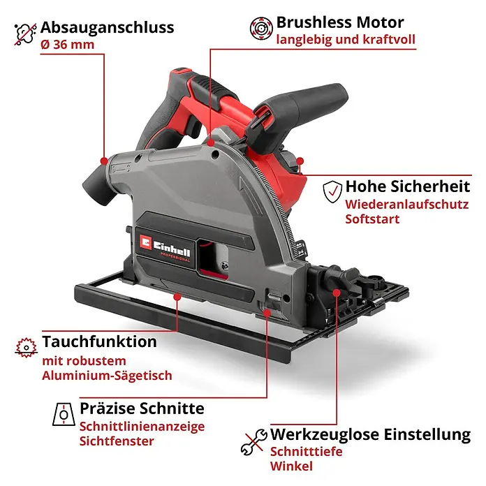 Einhell Professional Power X-Change 18V Akku-Tauchsäge TP-PS 18/165 LI BL-Solo - 18 V, Leerlaufdrehzahl: 5.000 U/min - Rote und graue Einhell Tauchsäge mit Aluminium-Sägetisch, für präzise Schnitte und werkzeuglose Einstellung.