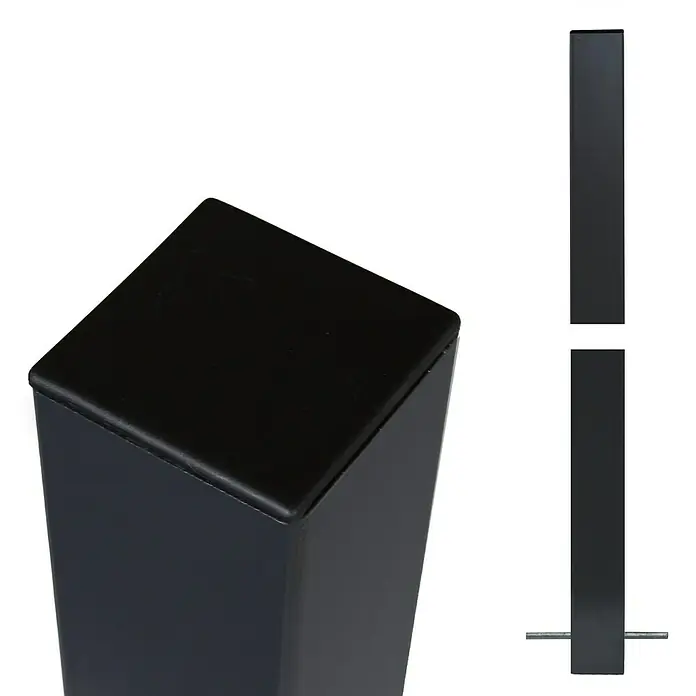 Plus Zaunpfosten zum Einbetonieren - Höhe: 186 cm, 8 x 8 cm, Grauschwarz, Stahl - Nahaufnahme eines modernen, schwarzen Möbelbeins mit minimalistischem Design, das klare Linien und eine glatte Oberfläche aufweist.