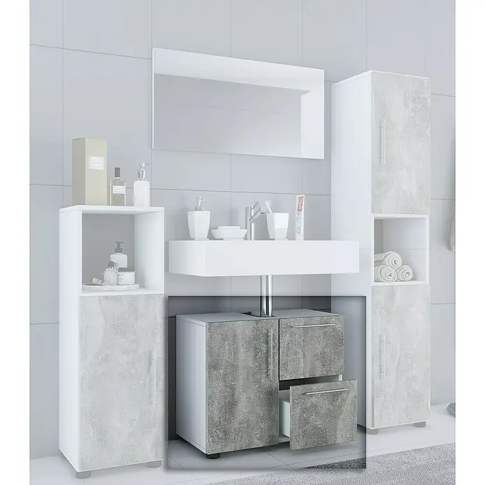 VCM Flandu Waschtischunterschrank - B x T x H: 61 x 32 x 51 cm, Weiß/Beton-Optik, Matt - Modernes Badezimmer-Set mit Waschbeckenunterschrank, Waschbecken, Spiegel und Hochschrank in Weiß und Betonoptik.