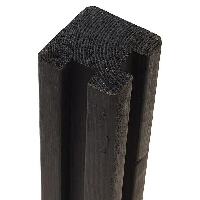 Plus Holzpfosten 2 Nuten Ecke - L x B x H: 188 x 9 x 9 cm, Kiefer, Schwarz RAL 9005 - Nahaufnahme einer anthrazitfarbenen Douglasie-Holzsäule, ideal für moderne Zäune. Die Holzmaserung und die spezielle Form sind gut sichtbar.