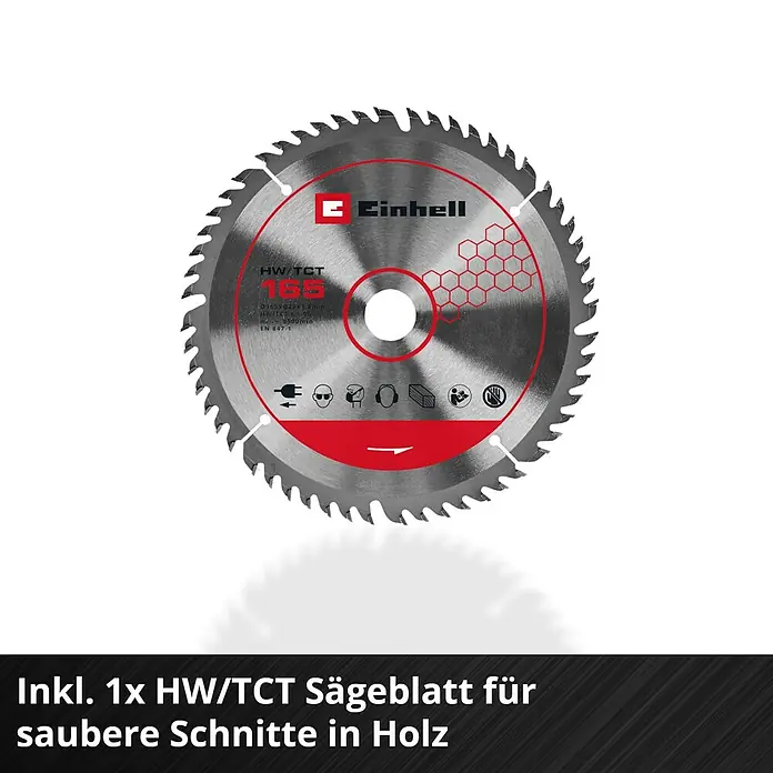Einhell Professional Power X-Change 18V Akku-Tauchsäge TP-PS 18/165 LI BL-Solo - 18 V, Leerlaufdrehzahl: 5.000 U/min - Einhell HW/TCT Kreissägeblatt, metallisch mit roten Details, für saubere Holzschnitte.