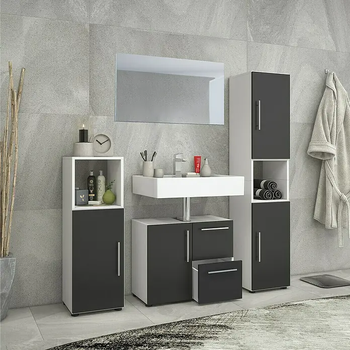 VCM Flandu Badmöbel-Set - Mit Spiegel, Gesamtbreite Badmöbel: 123 cm, Matt, 4 -tlg., Weiß/Schwarz - Badezimmer-Interieur mit stilvollem Waschbeckenunterschrank, Spiegelschrank und passendem Hochschrank in modernem Design.