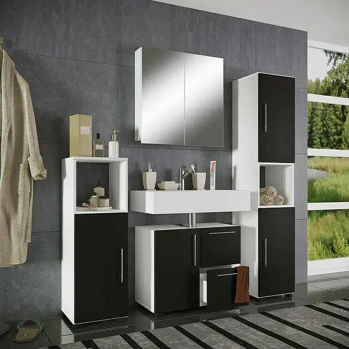 VCM Flandu Badmöbel-Set - Mit Spiegelschrank, Gesamtbreite Badmöbel: 123 cm, Weiß/Schwarz, Matt, 4 -tlg. - Modernes Badezimmer-Set in Schwarz und Weiß mit Waschtisch, Spiegelschrank und Hochschrank für ein stilvolles Ambiente.