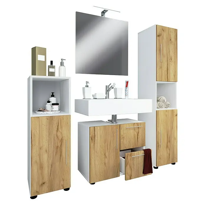 VCM Flandu Badmöbel-Set - Mit Spiegel, Gesamtbreite Badmöbel: 123 cm, Matt, 4 -tlg., Weiß/Honig-Eiche - Badezimmermöbel-Set mit Waschbecken, Spiegel und Stauraum in Weiß und Holzoptik für ein modernes Ambiente im Badezimmer.
