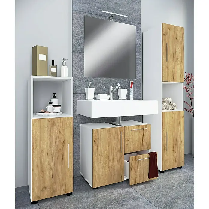 VCM Flandu Badmöbel-Set - Mit Spiegel, Gesamtbreite Badmöbel: 123 cm, Matt, 4 -tlg., Weiß/Honig-Eiche - Badezimmer-Set mit Waschbecken, Spiegel und Stauraumelementen in Weiß und Holzoptik für ein modernes Ambiente.