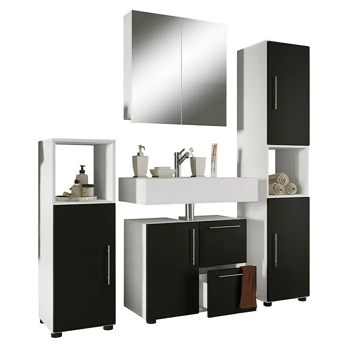 VCM Flandu Badmöbel-Set - Mit Spiegelschrank, Gesamtbreite Badmöbel: 123 cm, Weiß/Schwarz, Matt, 4 -tlg. - Badezimmermöbel-Set mit Spiegelschrank, Waschtisch und Hochschrank in Schwarz und Weiß für ein modernes Badambiente.