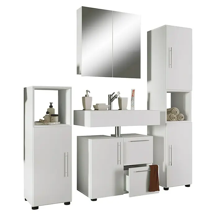 VCM Flandu Badmöbel-Set - Mit Spiegelschrank, Gesamtbreite Badmöbel: 123 cm, Weiß, Matt, 4 -tlg. - Moderne Badezimmerkombination mit weißen Schränken, Spiegel und Waschbecken für ein stilvolles Ambiente.