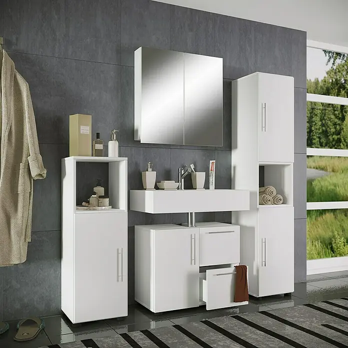 VCM Flandu Badmöbel-Set - Mit Spiegelschrank, Gesamtbreite Badmöbel: 123 cm, Weiß, Matt, 4 -tlg. - Badezimmer-Ensemble mit weißem Waschtisch, Spiegelschrank und Hochschrank. Das moderne Design sorgt für ein elegantes Ambiente im Bad.