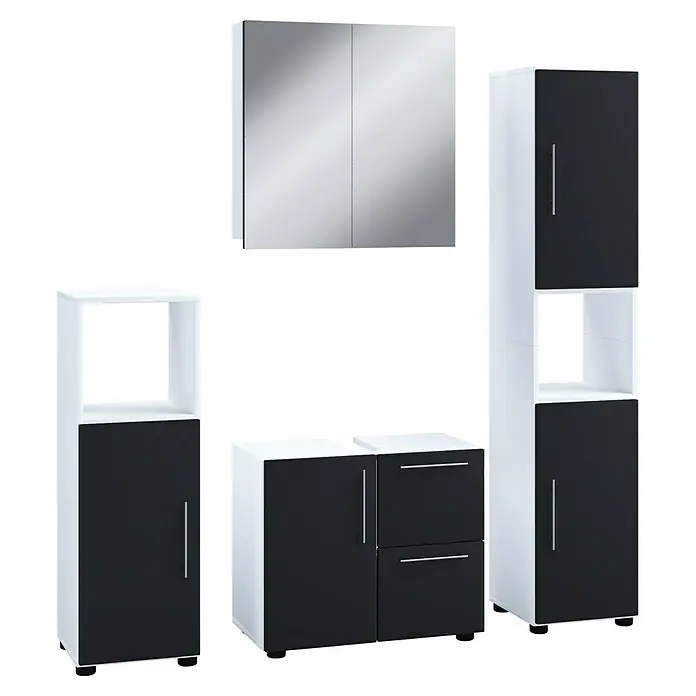 VCM Flandu Badmöbel-Set - Mit Spiegelschrank, Gesamtbreite Badmöbel: 123 cm, Weiß/Schwarz, Matt, 4 -tlg. - Badezimmermöbel-Set in Weiß und Schwarz mit Spiegelschrank, Unterschrank und Hochschrank für ein modernes Badezimmerdesign.