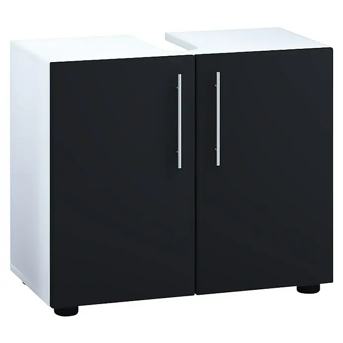 VCM Flandu II Waschtischunterschrank - B x T x H: 60,2 x 29,6 x 50,7 cm, Weiß/Schwarz, Matt - Schwarzer Badschrank mit zwei Türen und langen, silbernen Griffen. Der Schrank hat eine weiße Oberseite und Seiten.