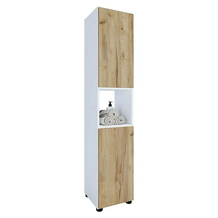 VCM Flandu Hochschrank - B x T x H: 31 x 30 x 160 cm, Weiß/Honig-Eiche, Matt - Hochformatiges Bild eines Badezimmerschranks in Weiß und Holzoptik mit zwei Türen und einem offenen Fach in der Mitte.