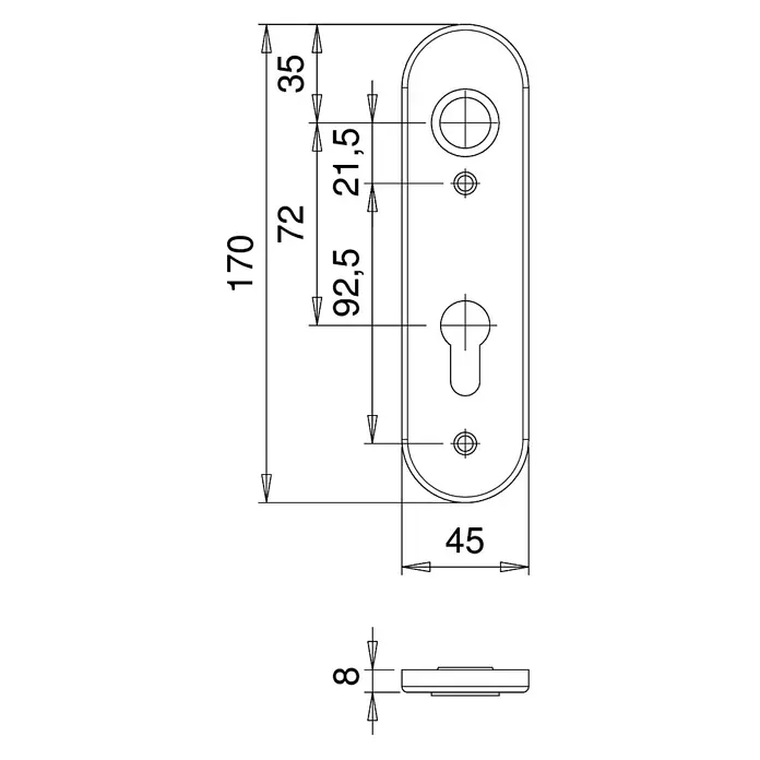 Portaferm Kurzschild - Distanznorm: 72 mm, Profilzylinder, Silber, Oval - Technische Zeichnung eines Türbeschlags mit Maßangaben. Abmessungen: 170 mm hoch, 45 mm breit und 8 mm dick.
